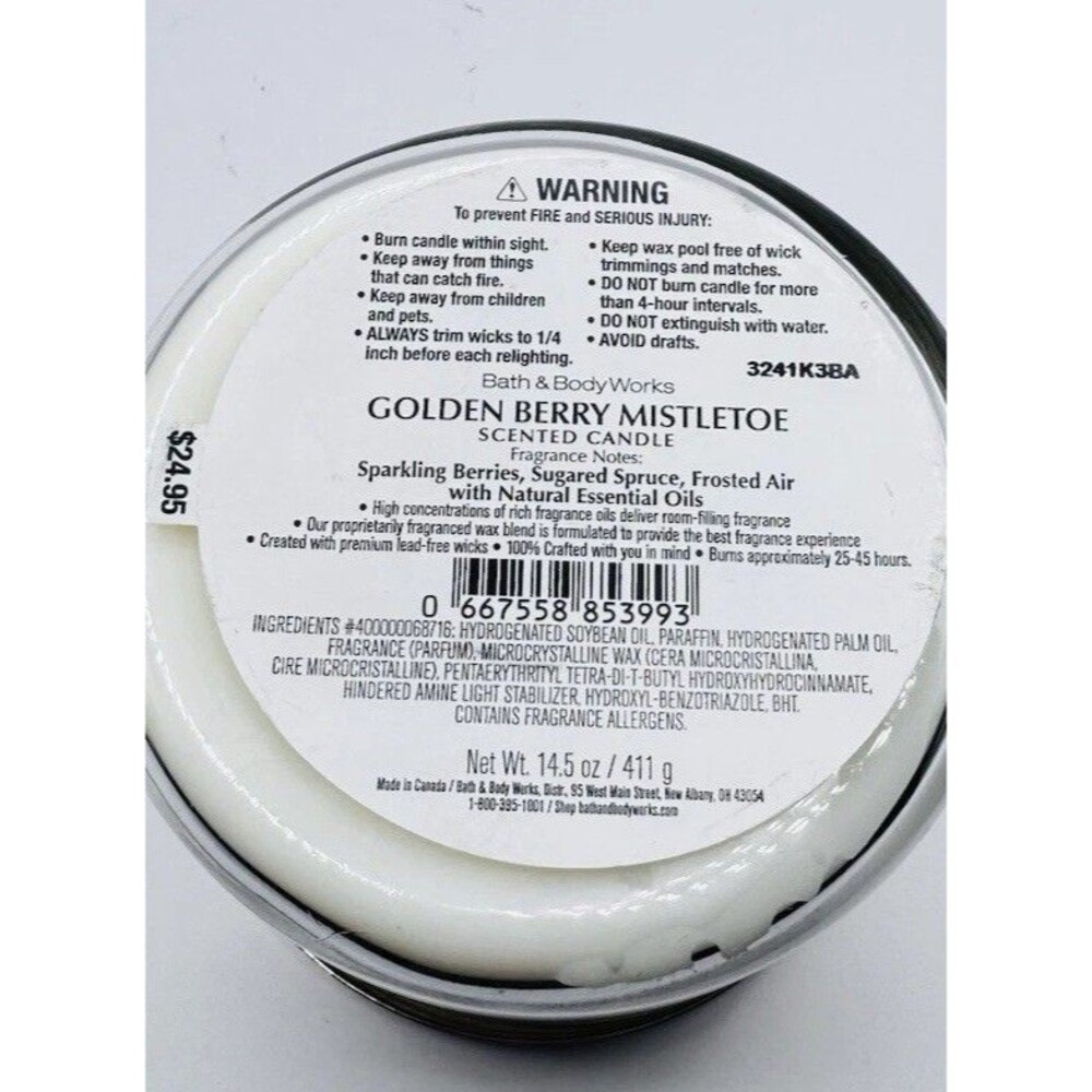 Bath Body Works Golden Berry Mistletoe Candle 3 Wick 14.5 oz Discontinued NEW - Picture 4 of 5